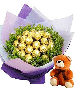 Chocolate Bouquet & Cute Bear (Ferrero Rocher) flowers CityFlowersIndia 