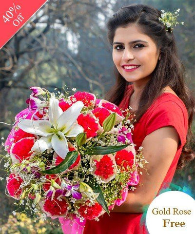 Red Charming Surprise by City Flowers - Free Golden Rose flowers CityFlowersIndia 