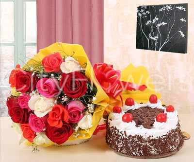 CAKE CELEBRATIONS WITH ASSORTED ROSES flowers CityFlowersIndia 