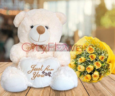GLORIOUS ROSES N TEDDY BEAR flowers CityFlowersIndia 