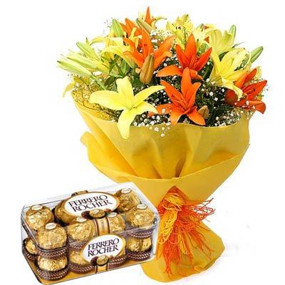 Exotic Lilies & Ferrero Rocher flowers CityFlowersIndia 