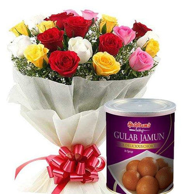 Haldiram's Sweets & Rainbow Rose Bouquet flowers CityFlowersIndia 