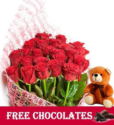 Roses, Bear & FREE Chocolates flowers CityFlowersIndia 