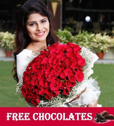 Loving It - Long Stem Red Rose Bouquet & FREE Chocolates flowers CityFlowersIndia 