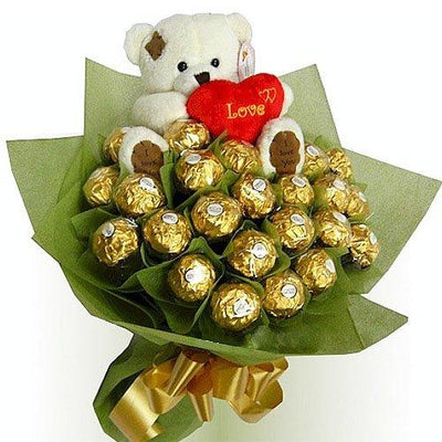 Ferrero Rocher Bouquet with Cute Bear (6 inch) flowers CityFlowersIndia 