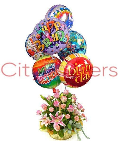 PINK SURPRISE WITH MYLAR BALLOONS flowers CityFlowersIndia 