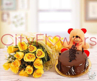 THREE IN ONE - SURPRISE WITH CAKE flowers CityFlowersIndia 