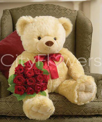 BIG BEAR WITH ONE DOZEN ROSES flowers CityFlowersIndia 