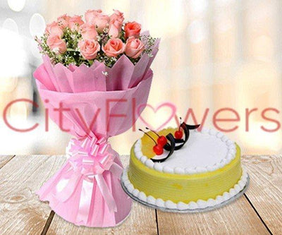 ROSY ROMANCE WITH CAKE flowers CityFlowersIndia 
