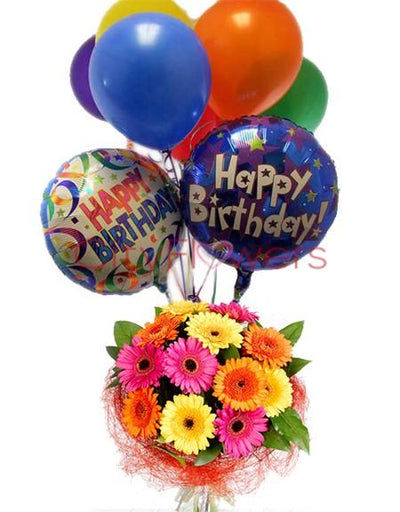 CHEERFUL GERBERA N BALLOONS flowers CityFlowersIndia 