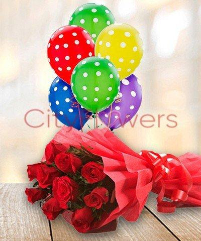Polka Dots Balloons & Rose Bouquet flowers CityFlowersIndia 