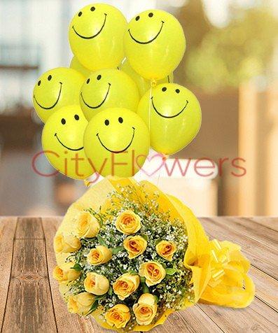 DOZEN YELLOW ROSES WITH SMILEY flowers CityFlowersIndia 