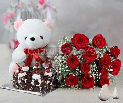 DELIGHTFUL CAKE AND BLOOM WITH SOFT TEDDY BEAR flowers CityFlowersIndia 