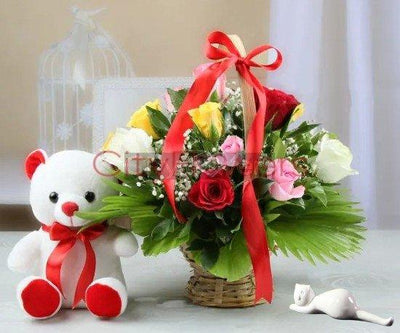 ASSORTED BASKET ARRANGEMENT WITH TEDDY BEAR flowers CityFlowersIndia 