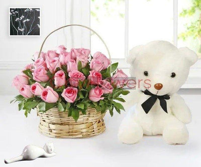 DAZZLING PINK BEAUTY WITH A BEAR flowers CityFlowersIndia 