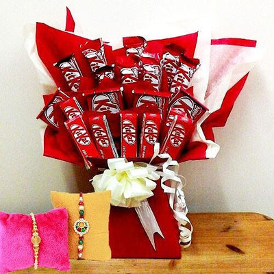 Kitkat Chocolate Bouquet with 2 Designer Rakhis flowers CityFlowersIndia 