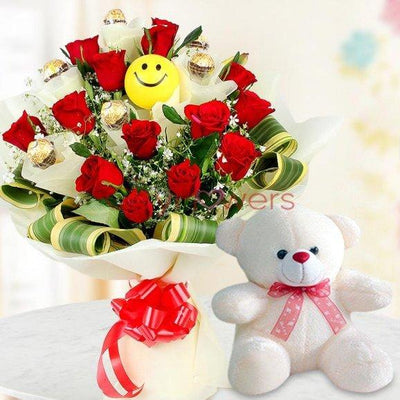 CHOCOLATE BOUQUET OF FERRARO ROCHER, ROSES & SMILEY BALLOONS flowers CityFlowersIndia 