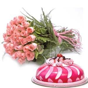 Vivacious Pink n Strawberry Cake flowers CityFlowersIndia 