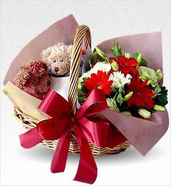 2 Teddies in Flowers Basket. flowers CityFlowersIndia 