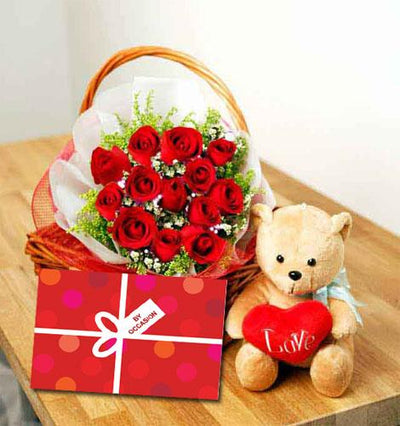 Roses Basket with Cute Bear flowers CityFlowersIndia 