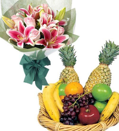 TROPICAL TREAT "FRUIT BASKET & LILIES" flowers CityFlowersIndia 