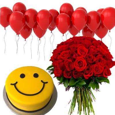 Balloons, Smiley Cake & Red Bouquet flowers CityFlowersIndia 