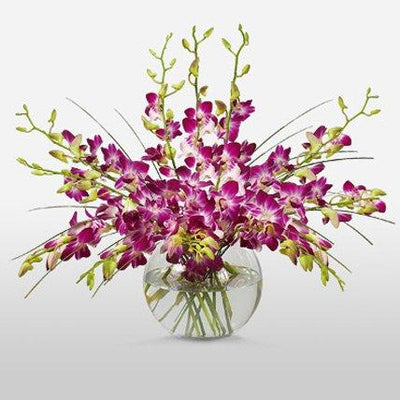 Glowing Purple Orchids In Glass Bowl flowers CityFlowersIndia 