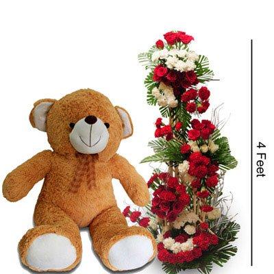 Teddy Surprise with tall Arrangement (Deluxe) flowers CityFlowersIndia 