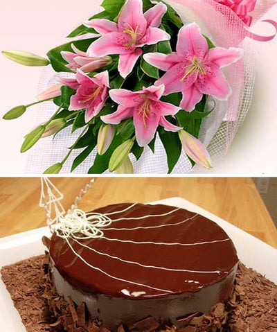 Pink Lilies and Truffle Cake flowers CityFlowersIndia 