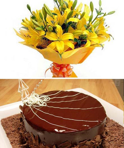 Bright Yellow Lilies & Cake flowers CityFlowersIndia 