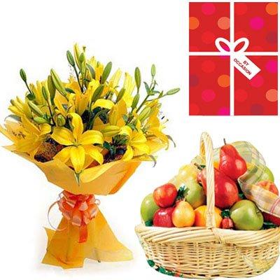 Healthy Fruits & Lilies Bouquet flowers CityFlowersIndia 