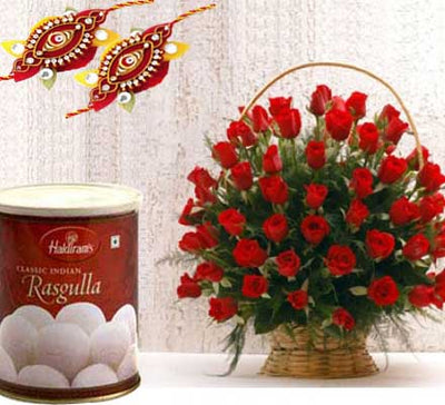 Basket of Red Binanza + Haldiram's Rasgulla Pack with 2 Rakhi flowers CityFlowersIndia 