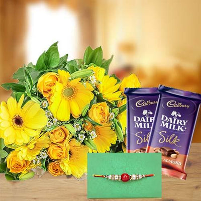 Bright Flowers Bouquet & Designer Rakhi with 2 Silk Chocolates flowers CityFlowersIndia 